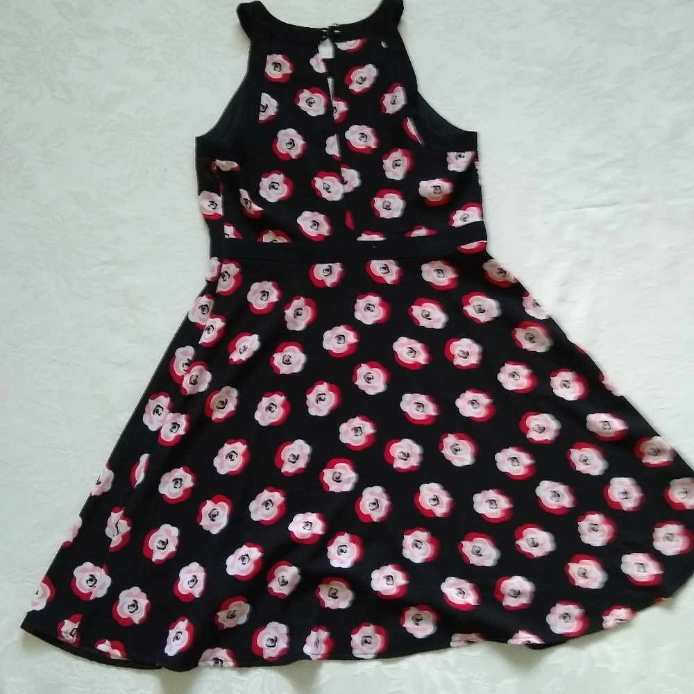 Mod Halter pink red poppies flower swing fit & flare dress - Picture 2 of 7